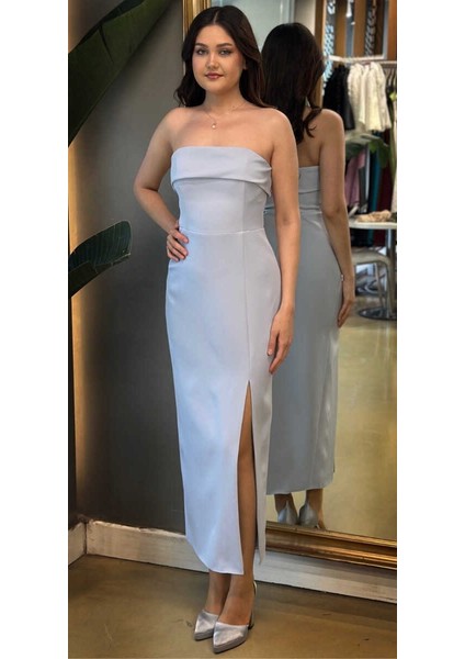 Mavi Straplez Yaka Yırtmaçlı Düz Kesim Krep Midi Abiye Elbise 7692
