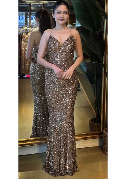 Bakır Ip Askılı V Yaka Sırt Dekolteli Balık Etekli Pul Payet Uzun Abiye Elbise 7714 indirimleri