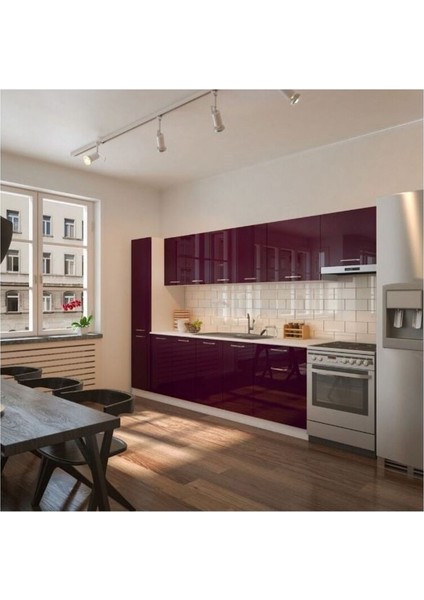 Sıla Hazır Mutfak Dolabı Kiler Dahil 320 cm – Parlak Mürdüm - Tezgah Dahil