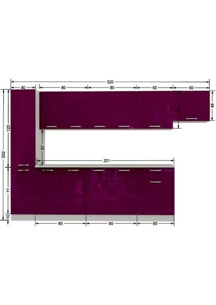 Sıla Hazır Mutfak Dolabı Kiler Dahil 320 cm – Parlak Mürdüm - Tezgah Dahil modelleri