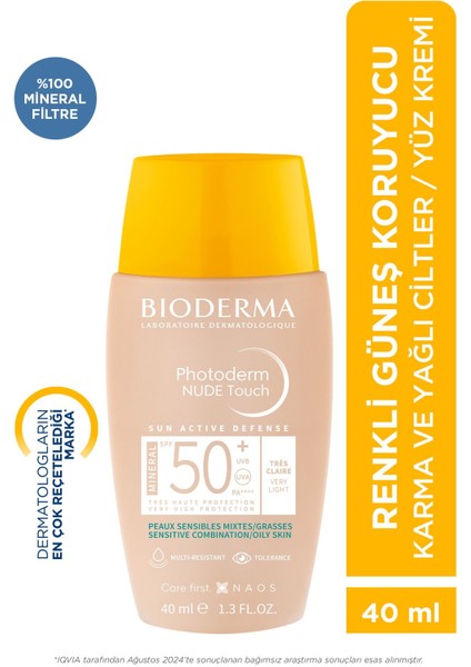 Photoderm Nude Touch SPF50+ Very Light Karma Yağlı Ciltler Kapatıcı Etkili Renkli Güneş Kremi 40 ml