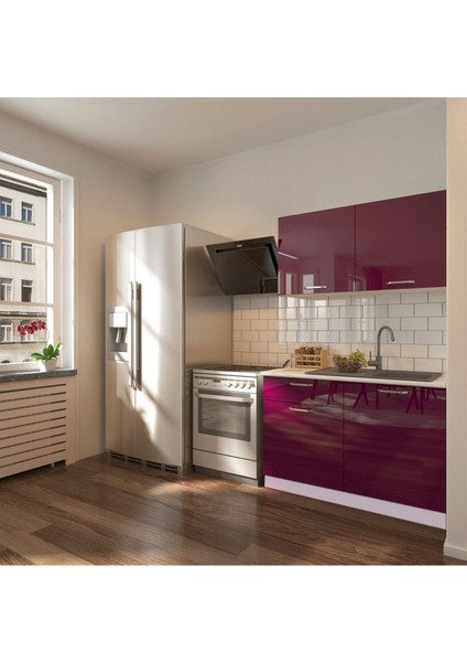 Bade Hazır Mutfak Dolabı 120CM - Tezgah Dahil-Parlak Mürdüm