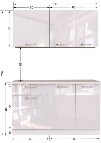 Esin Hazır Mutfak Dolabı 140 cm -Tezgah Dahil - Parlak Beyaz modelleri