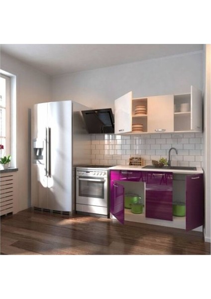 Hale Hazır Mutfak Dolabı – 140 Cm- Parlak Mürdüm ve Beyaz – Tezgah Dahil fiyatları