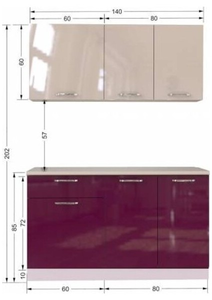 Hale Hazır Mutfak Dolabı – 140 Cm- Parlak Mürdüm ve Beyaz – Tezgah Dahil modelleri