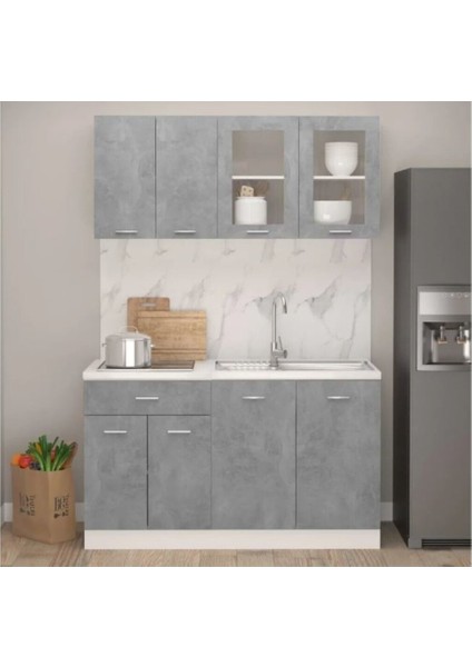 Efsun Mutfak 140 cm Tezgah Dahil Beton Görünümlü - Cam Kapak