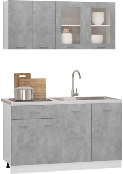 Efsun Mutfak 140 cm Tezgah Dahil Beton Görünümlü - Cam Kapak modelleri