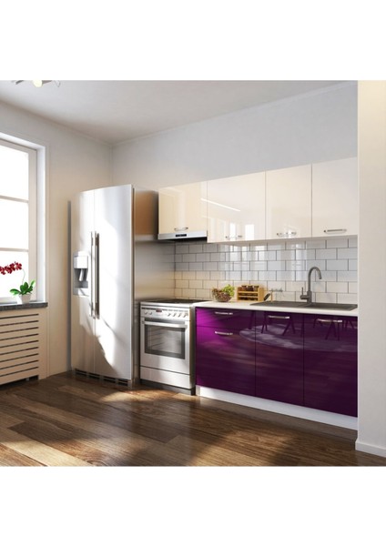 Melisa Hazır Mutfak Dolabı 200 cm - Parlak Mürdüm ve Beyaz – Tezgah Dahil