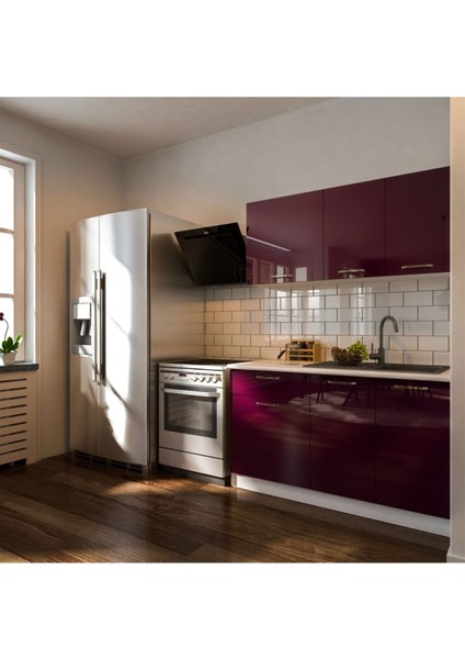 Eylül Hazır Mutfak Dolabı 140 cm - Parlak Mürdüm- Tezgah Dahil