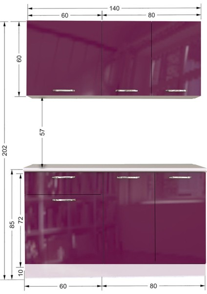 Eylül Hazır Mutfak Dolabı 140 cm - Parlak Mürdüm- Tezgah Dahil modelleri