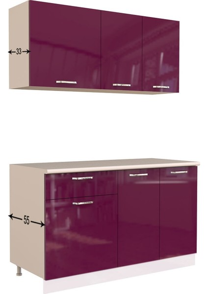 Eylül Hazır Mutfak Dolabı 140 cm - Parlak Mürdüm- Tezgah Dahil fırsatları