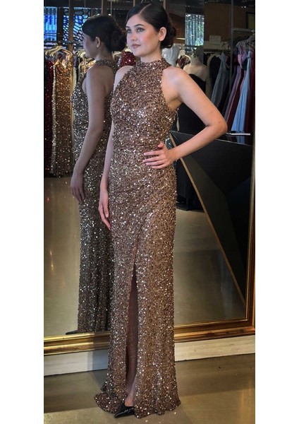 Bakır Stefanel Yaka Yırtmaçlı Düz Kesim Payet Uzun Abiye Elbise 7781