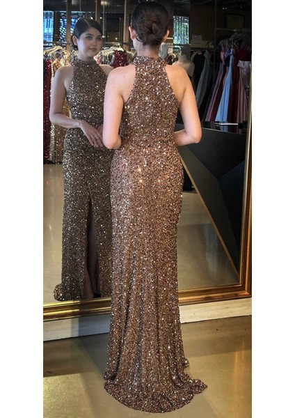 Bakır Stefanel Yaka Yırtmaçlı Düz Kesim Payet Uzun Abiye Elbise 7781 fırsatları