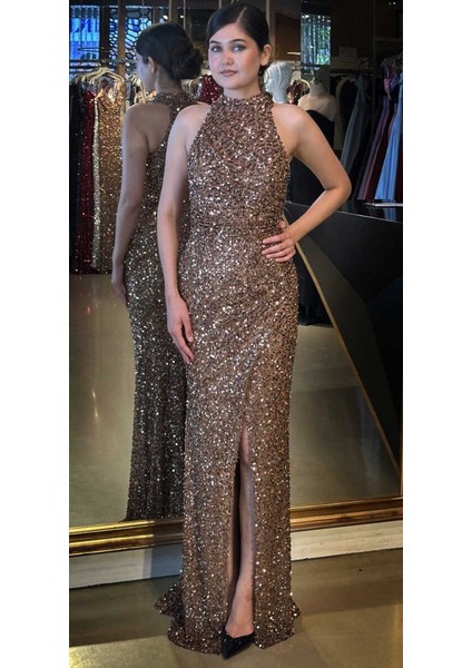 Bakır Stefanel Yaka Yırtmaçlı Düz Kesim Payet Uzun Abiye Elbise 7781 indirimleri