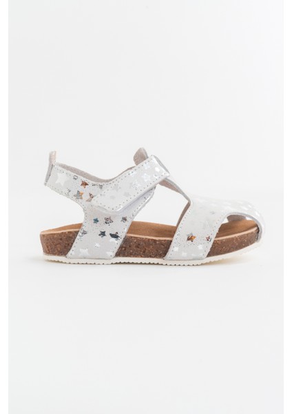 Unisex Çocuk Yıldızlı Gümüş Deri Ortopedik Destekli Çocuk Sandalet