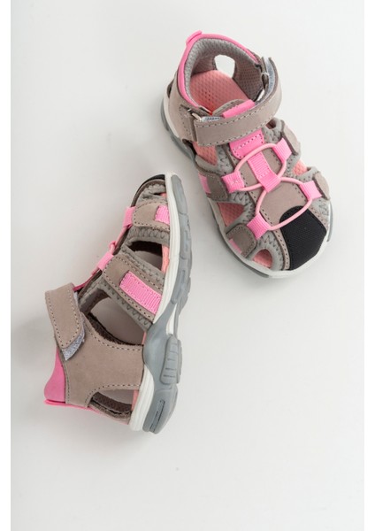 Unisex Çocuk Gri-Pembe Deri Ortopedik Outdoor Çocuk Sandalet