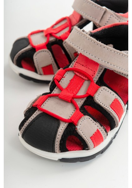 Unisex Çocuk Gri-Kırmızı Deri Ortopedik Outdoor Çocuk Sandalet