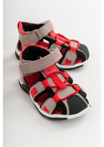 Unisex Çocuk Gri-Kırmızı Deri Ortopedik Outdoor Çocuk Sandalet
