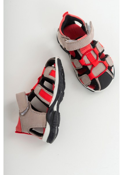 Unisex Çocuk Gri-Kırmızı Deri Ortopedik Outdoor Çocuk Sandalet