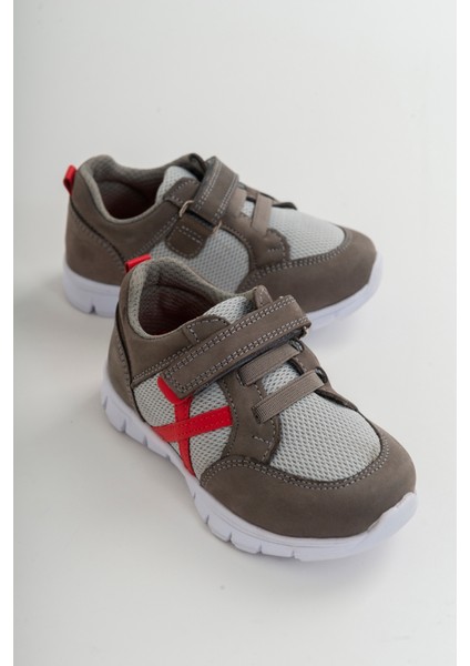 Unisex Çocuk Gri Deri Ortopedik Destekli Spor Ayakkabı