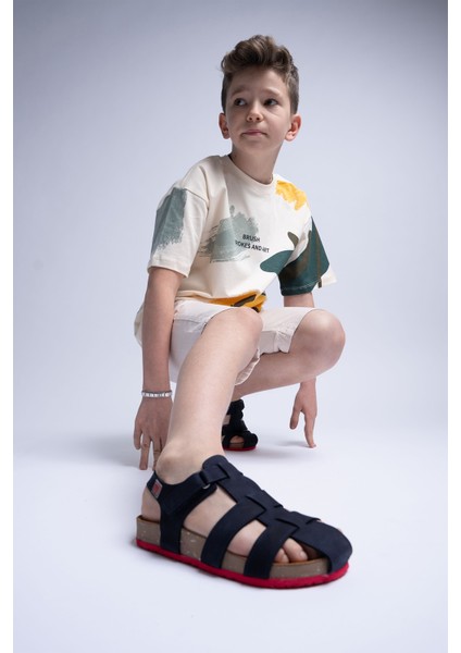 Unisex Çocuk Lacivert Hakiki Deri Mantar Tabanlı Günlük Çocuk Sandalet