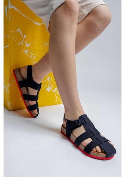 Unisex Çocuk Lacivert Hakiki Deri Mantar Tabanlı Günlük Çocuk Sandalet