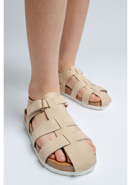 Unisex Çocuk Açık Sarı Hakiki Deri Mantar Tabanlı Günlük Çocuk Sandalet