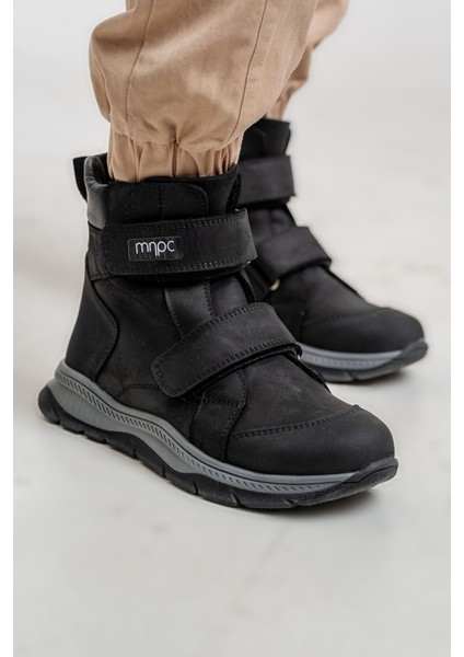 Erkek Çocuk Siyah Hakiki Deri Anatomik Günlük Bot