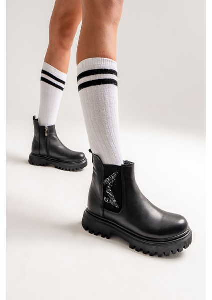 Kız Çocuk Siyah Hakiki Deri Anatomik Günlük Bot