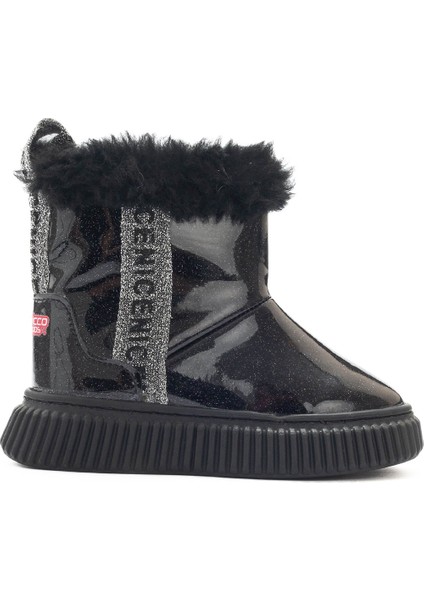 Kız Çocuk Siyah Simli Suni Deri Kürklü Anatomik Kar Botu