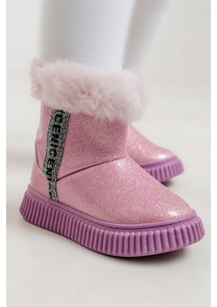 Kız Çocuk Pembe Simli Suni Deri Kürklü Anatomik Kar Botu