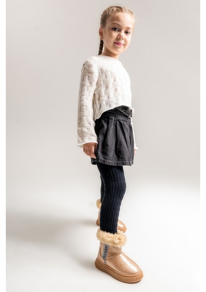 Kız Çocuk Platin Simli Suni Deri Kürklü Anatomik Kar Botu