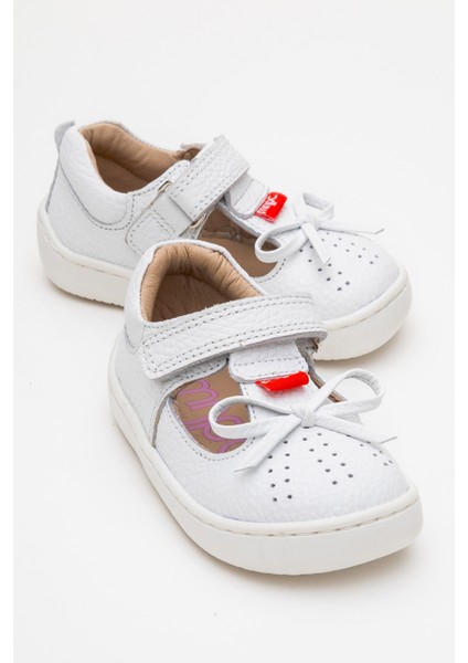 Kız Çocuk Beyaz Hakiki Deri Günlük Babet