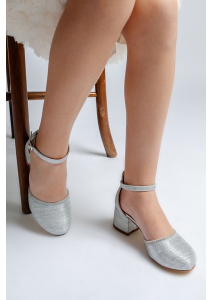 Kız Çocuk Gümüş Taşlı Topuklu Abiye Ayakkabı