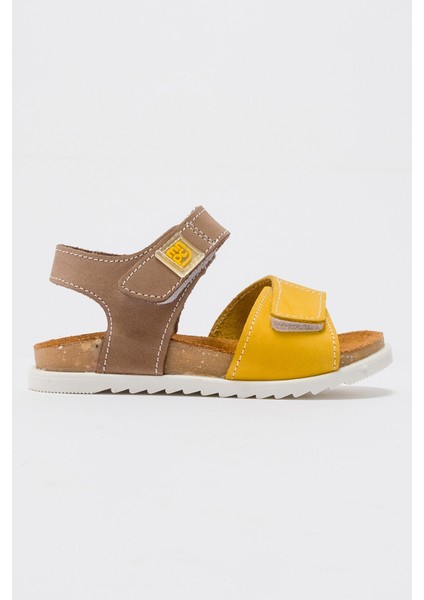 Unisex Çocuk Gri-Sarı Hakiki Deri Mantar Tabanlı Günlük Çocuk Sandalet