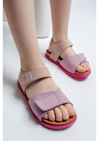 Unisex Çocuk Lila-Pembe Hakiki Deri Mantar Tabanlı Günlük Çocuk Sandalet