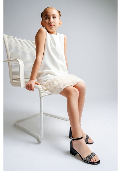 Kız Çocuk Siyah Taşlı Topuklu Abiye Ayakkabı