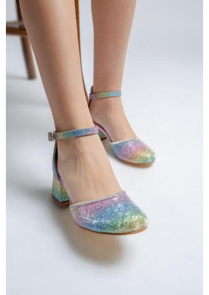 Kız Çocuk Gökkuşağı Topuklu Tasarım Abiye Ayakkabı