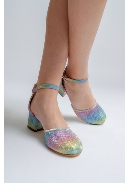 Kız Çocuk Gökkuşağı Topuklu Tasarım Abiye Ayakkabı