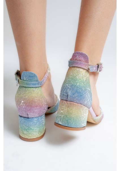 Kız Çocuk Gökkuşağı Topuklu Tasarım Abiye Ayakkabı