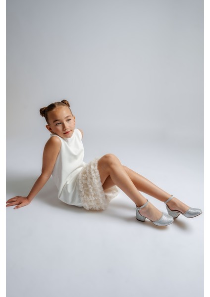 Kız Çocuk Gümüş Topuklu Tasarım Abiye Ayakkabı