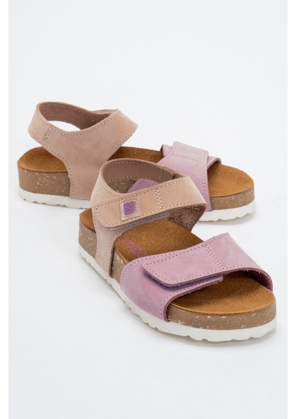 Unisex Çocuk Lila-Pembe Hakiki Deri Mantar Tabanlı Günlük Çocuk Sandalet