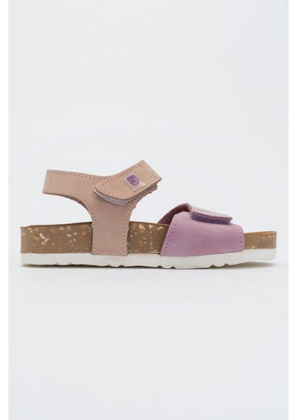 Unisex Çocuk Lila-Pembe Hakiki Deri Mantar Tabanlı Günlük Çocuk Sandalet