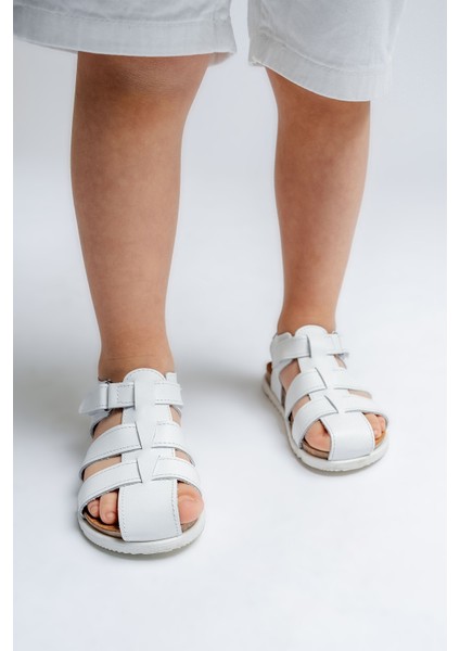 Unisex Çocuk Beyaz Hakiki Deri Mantar Tabanlı Günlük Çocuk Sandalet