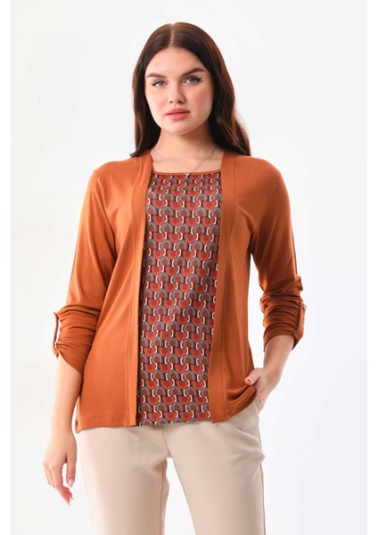 Kadın Desenli Uzun Kol Bluz 23525 Camel