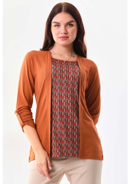 Kadın Desenli Uzun Kol Bluz 23525 Camel modelleri