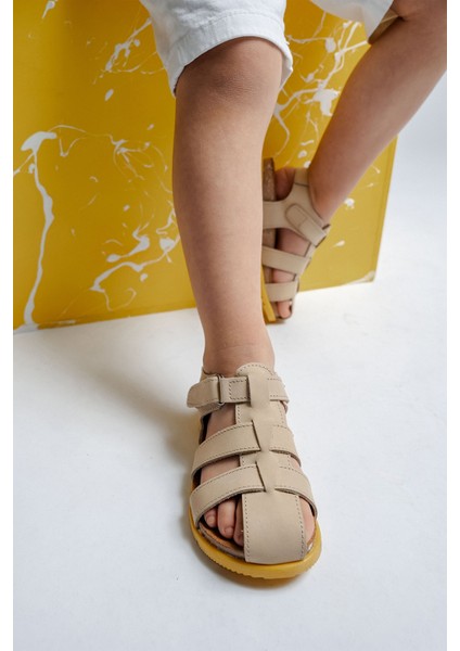 Unisex Çocuk Açık Sarı Hakiki Deri Mantar Tabanlı Günlük Çocuk Sandalet