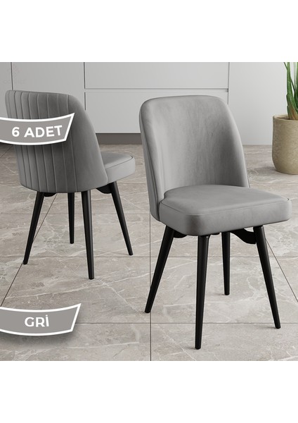 Jiva Serisi 6 Adet Gri Sandalye 360°C Döner Mutfak Sandalyesi Siyah Metal Ayaklı