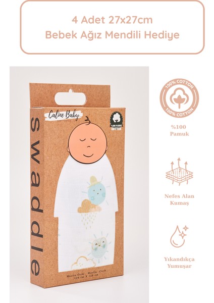 %100 Pamuk Premium & Hafif Müslin Bezi Örtüsü I 120x120 cm I Yeşil I Güneş Desenli & 4 Adet Ağız Mendili 27x27cm