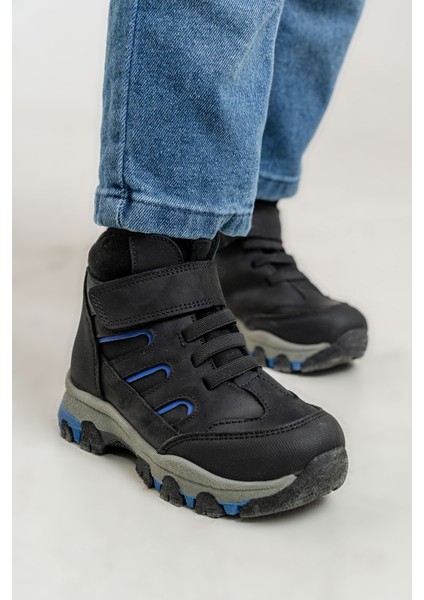 Erkek Çocuk Siyah Hakiki Deri Anatomik Günlük Bot